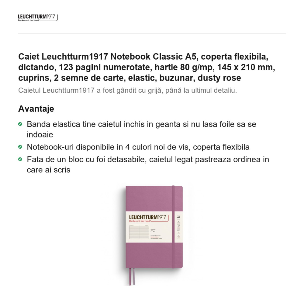 Caiet Leuchtturm1917 Notebook Classic A5, coperta flexibila, dictando, 123 pagini numerotate, hartie 80 g/mp, 145 x 210 mm, cuprins, 2 semne de carte, elastic, buzunar, dusty rose [2]