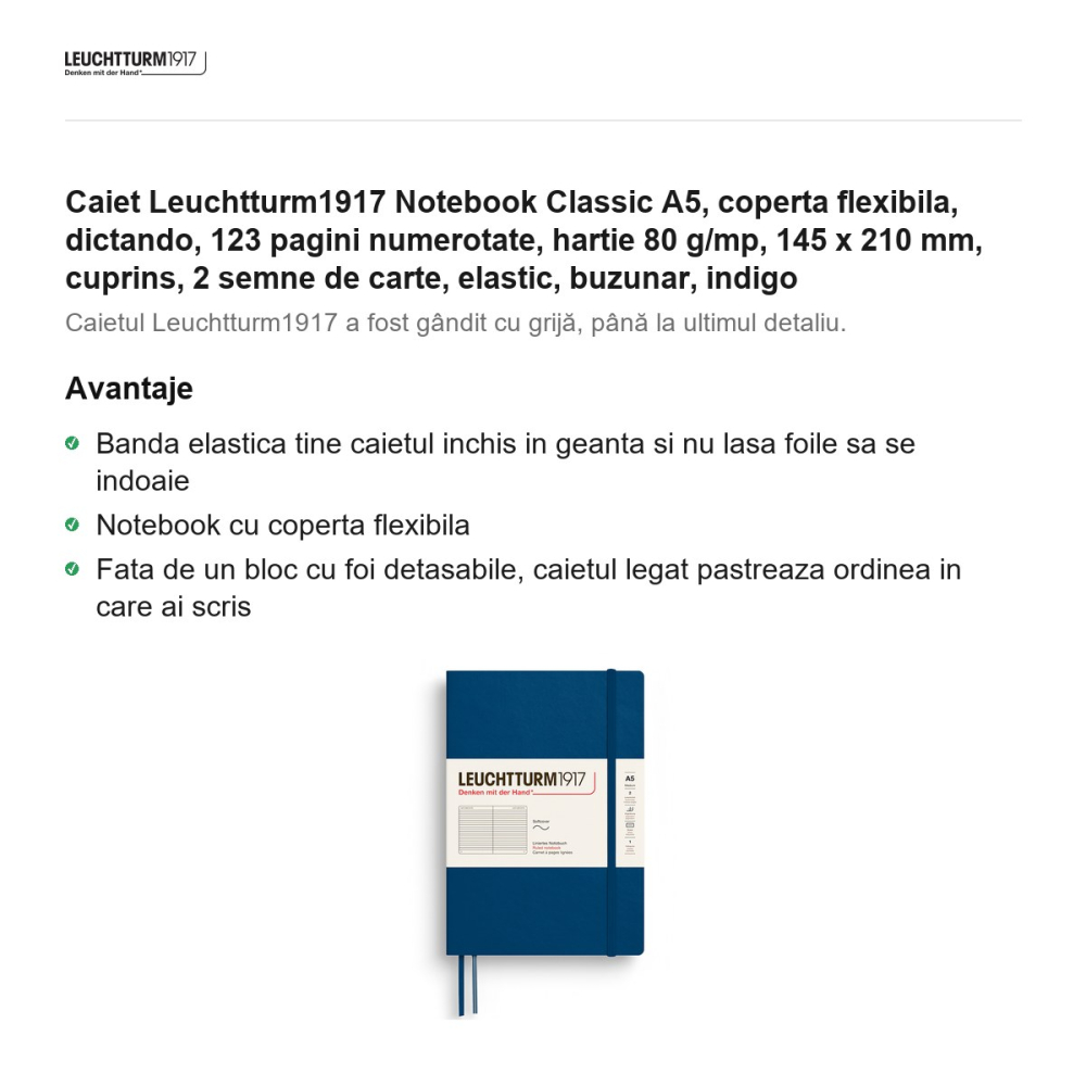Caiet Leuchtturm1917 Notebook Classic A5, coperta flexibila, dictando, 123 pagini numerotate, hartie 80 g/mp, 145 x 210 mm, cuprins, 2 semne de carte, elastic, buzunar, indigo [2]