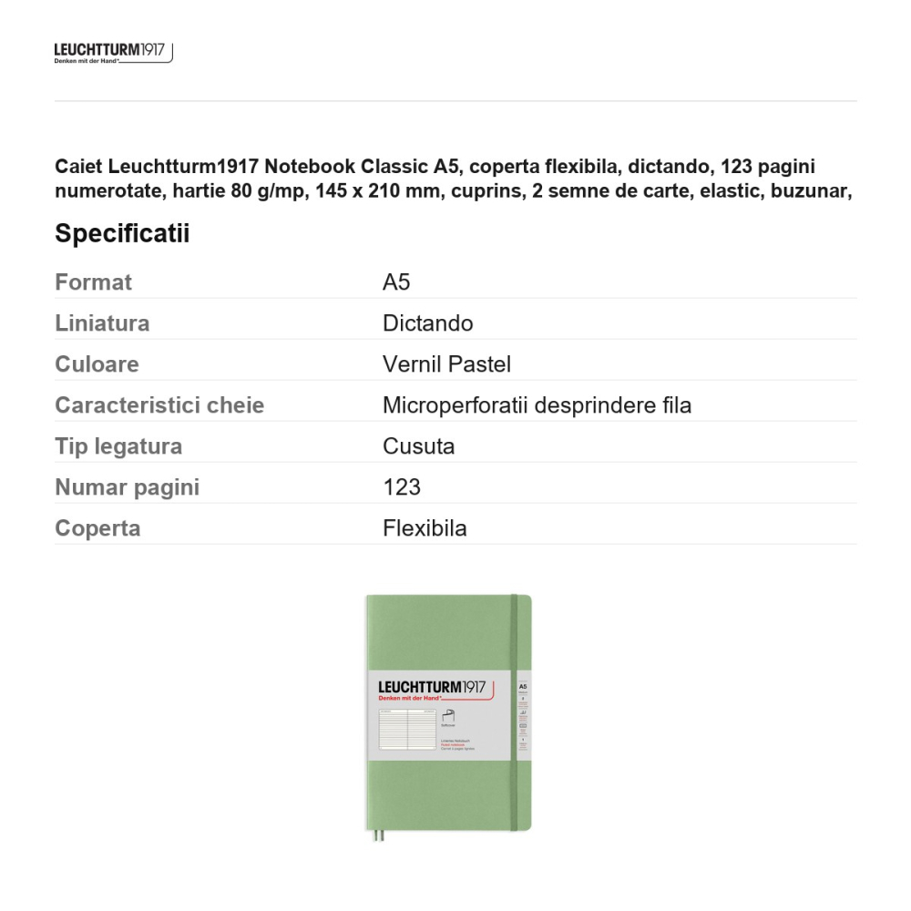Caiet Leuchtturm1917 Notebook Classic A5, coperta flexibila, dictando, 123 pagini numerotate, hartie 80 g/mp, 145 x 210 mm, cuprins, 2 semne de carte, elastic, buzunar, vernil pastel [3]