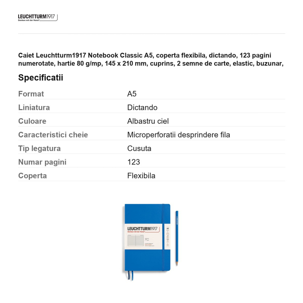 Caiet Leuchtturm1917 Notebook Classic A5, coperta flexibila, dictando, 123 pagini numerotate, hartie 80 g/mp, 145 x 210 mm, cuprins, 2 semne de carte, elastic, buzunar, albastru ciel [3]