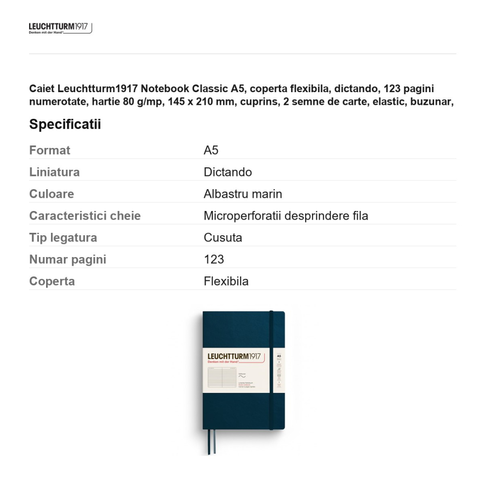 Caiet Leuchtturm1917 Notebook Classic A5, coperta flexibila, dictando, 123 pagini numerotate, hartie 80 g/mp, 145 x 210 mm, cuprins, 2 semne de carte, elastic, buzunar, albastru marin [3]