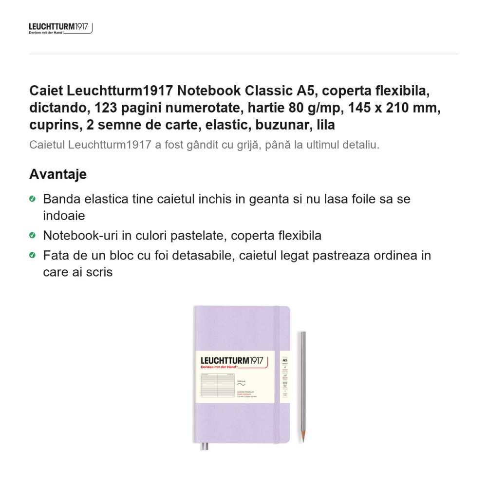 Caiet Leuchtturm1917 Notebook Classic A5, coperta flexibila, dictando, 123 pagini numerotate, hartie 80 g/mp, 145 x 210 mm, cuprins, 2 semne de carte, elastic, buzunar, lila [2]