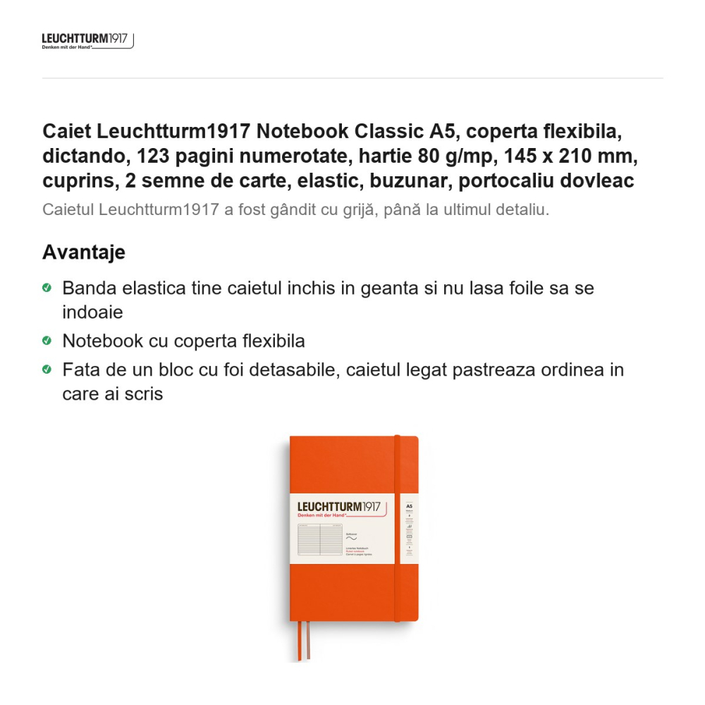 Caiet Leuchtturm1917 Notebook Classic A5, coperta flexibila, dictando, 123 pagini numerotate, hartie 80 g/mp, 145 x 210 mm, cuprins, 2 semne de carte, elastic, buzunar, portocaliu dovleac [2]