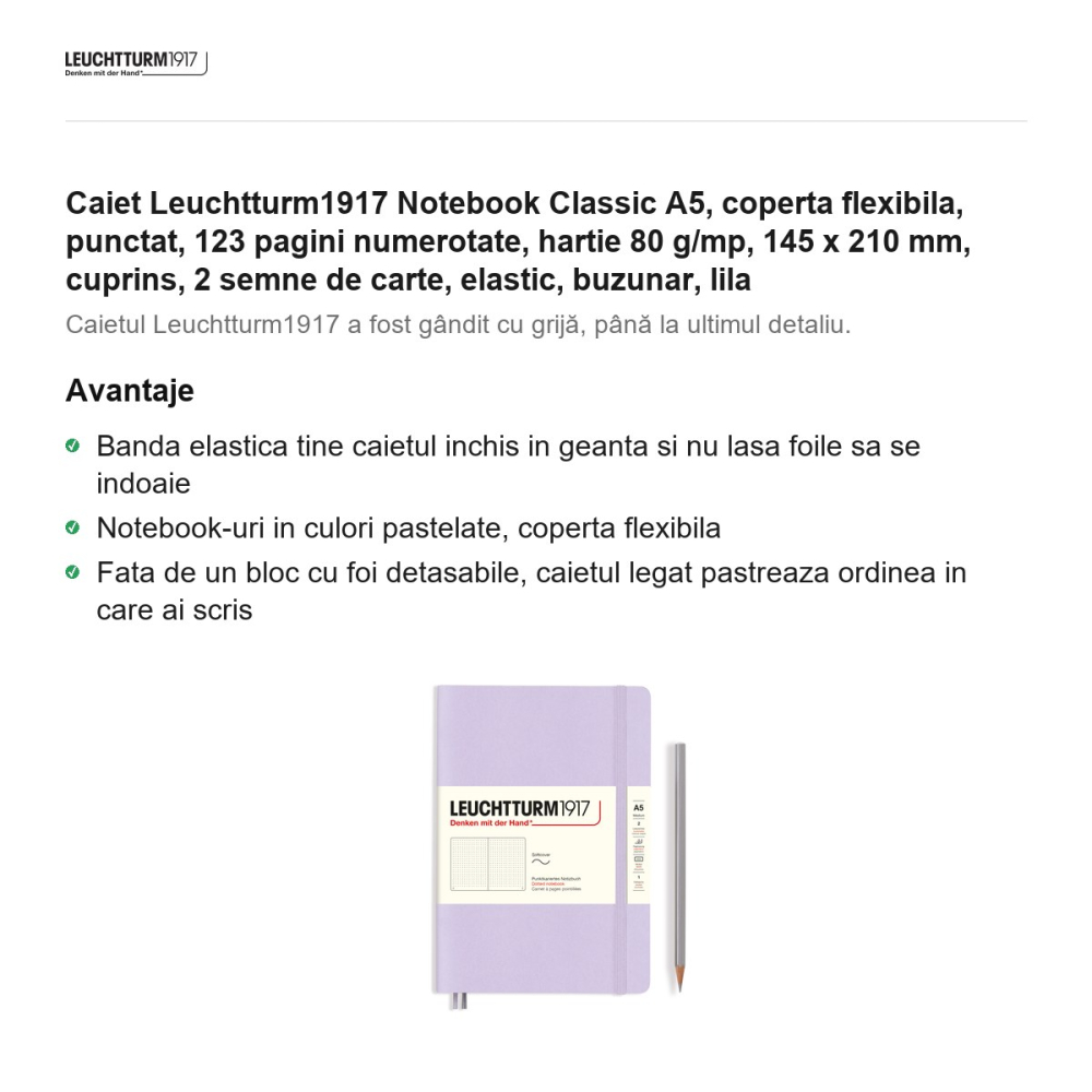 Caiet Leuchtturm1917 Notebook Classic A5, coperta flexibila, punctat, 123 pagini numerotate, hartie 80 g/mp, 145 x 210 mm, cuprins, 2 semne de carte, elastic, buzunar, lila [2]