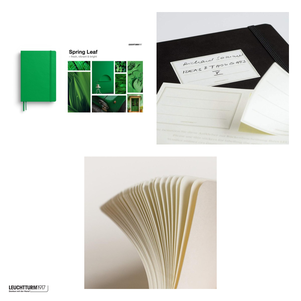 Caiet Leuchtturm1917 Notebook Classic A5, coperta flexibila, punctat, 123 pagini numerotate, hartie 80 g/mp, 145 x 210 mm, cuprins, 2 semne de carte, elastic, buzunar, verde primavaratic [4]