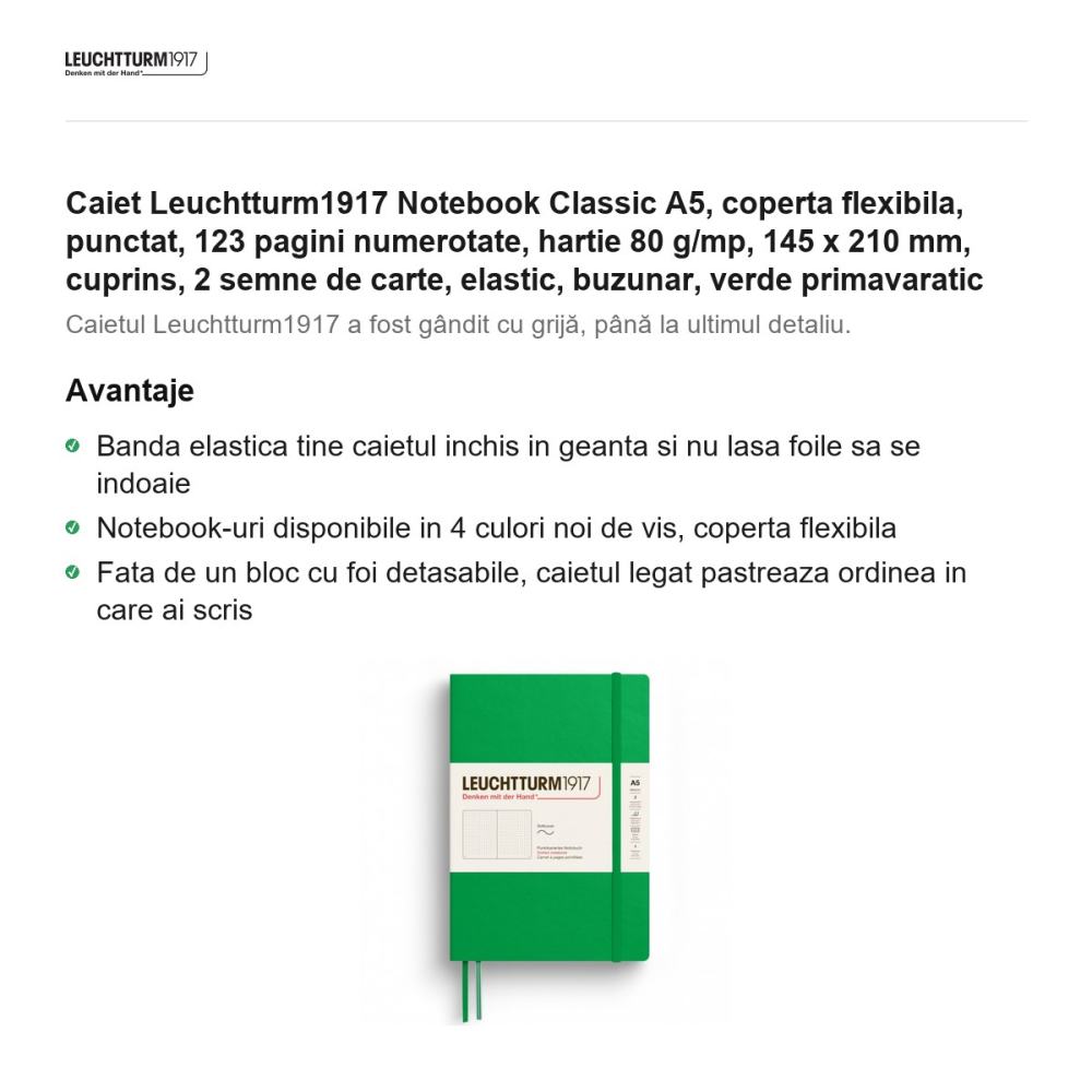 Caiet Leuchtturm1917 Notebook Classic A5, coperta flexibila, punctat, 123 pagini numerotate, hartie 80 g/mp, 145 x 210 mm, cuprins, 2 semne de carte, elastic, buzunar, verde primavaratic [2]