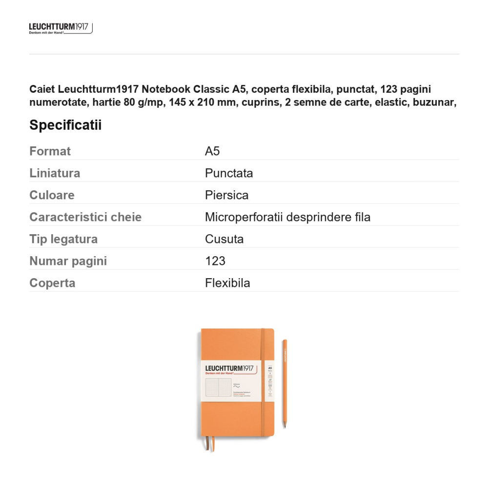 Caiet Leuchtturm1917 Notebook Classic A5, coperta flexibila, punctat, 123 pagini numerotate, hartie 80 g/mp, 145 x 210 mm, cuprins, 2 semne de carte, elastic, buzunar, piersica [3]