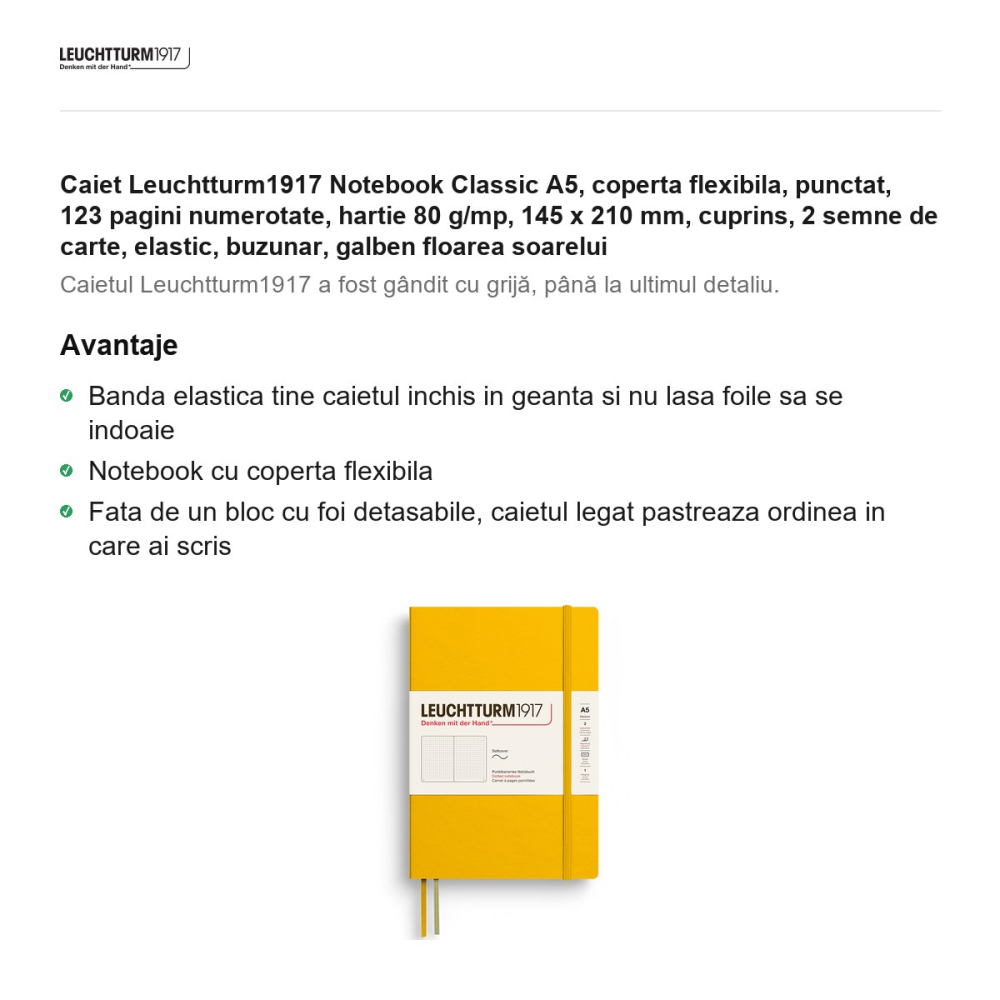 Caiet Leuchtturm1917 Notebook Classic A5, coperta flexibila, punctat, 123 pagini numerotate, hartie 80 g/mp, 145 x 210 mm, cuprins, 2 semne de carte, elastic, buzunar, galben floarea soarelui [2]