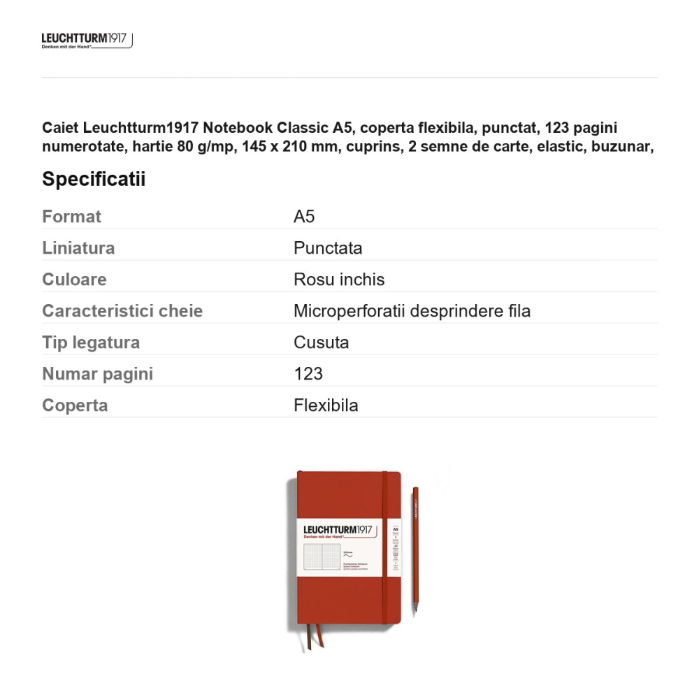 Caiet Leuchtturm1917 Notebook Classic A5, coperta flexibila, punctat, 123 pagini numerotate, hartie 80 g/mp, 145 x 210 mm, cuprins, 2 semne de carte, elastic, buzunar, rosu inchis [3]