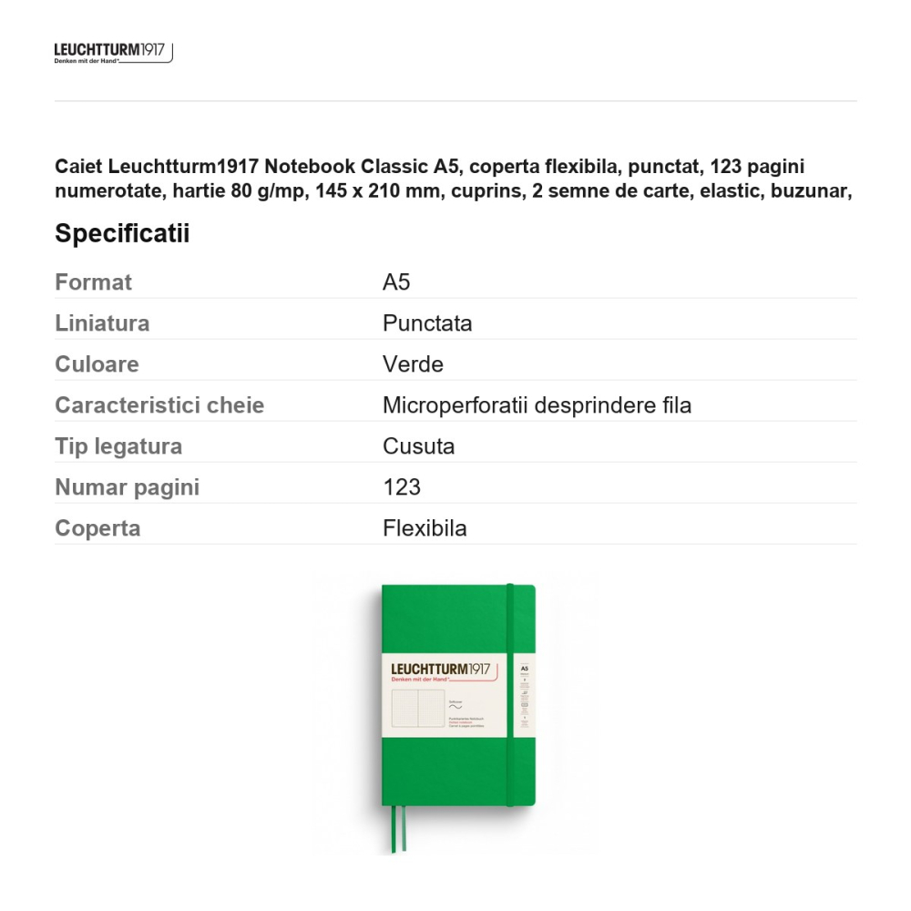 Caiet Leuchtturm1917 Notebook Classic A5, coperta flexibila, punctat, 123 pagini numerotate, hartie 80 g/mp, 145 x 210 mm, cuprins, 2 semne de carte, elastic, buzunar, verde primavaratic [3]