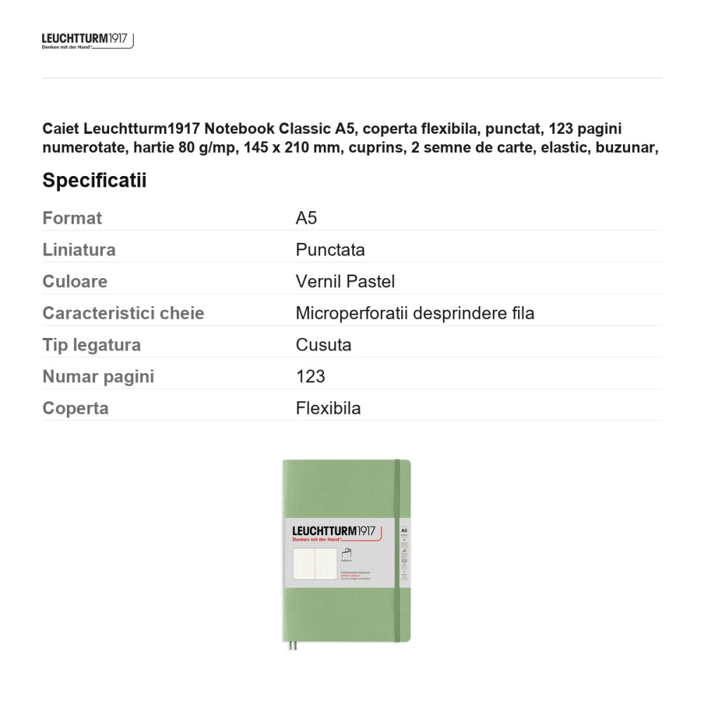 Caiet Leuchtturm1917 Notebook Classic A5, coperta flexibila, punctat, 123 pagini numerotate, hartie 80 g/mp, 145 x 210 mm, cuprins, 2 semne de carte, elastic, buzunar, vernil pastel [3]
