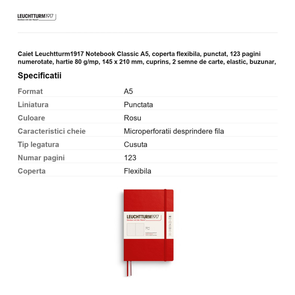 Caiet Leuchtturm1917 Notebook Classic A5, coperta flexibila, punctat, 123 pagini numerotate, hartie 80 g/mp, 145 x 210 mm, cuprins, 2 semne de carte, elastic, buzunar, rosu cherry [3]