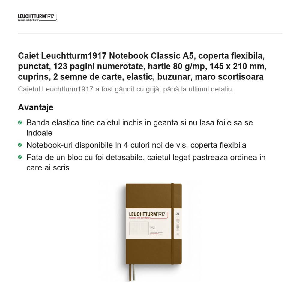 Caiet Leuchtturm1917 Notebook Classic A5, coperta flexibila, punctat, 123 pagini numerotate, hartie 80 g/mp, 145 x 210 mm, cuprins, 2 semne de carte, elastic, buzunar, maro scortisoara [2]