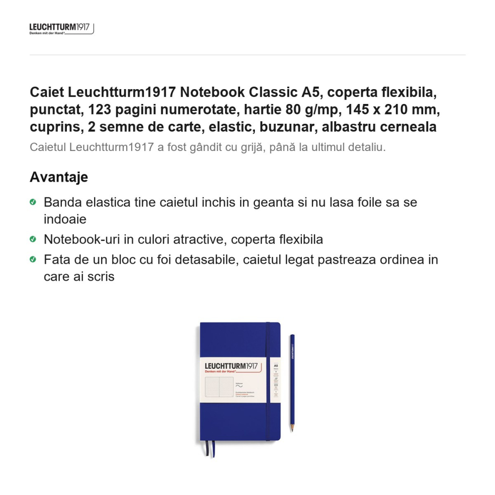 Caiet Leuchtturm1917 Notebook Classic A5, coperta flexibila, punctat, 123 pagini numerotate, hartie 80 g/mp, 145 x 210 mm, cuprins, 2 semne de carte, elastic, buzunar, albastru cerneala [2]