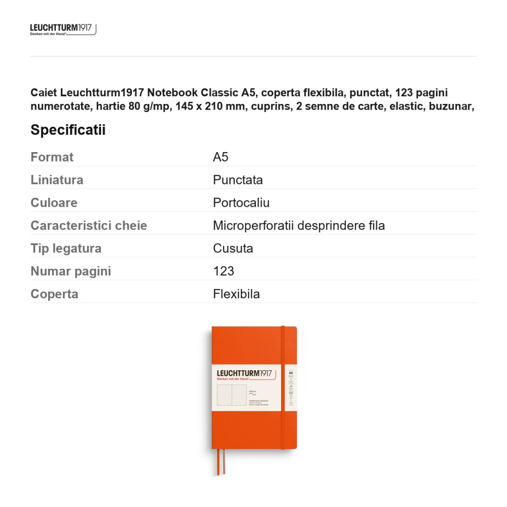 Caiet Leuchtturm1917 Notebook Classic A5, coperta flexibila, punctat, 123 pagini numerotate, hartie 80 g/mp, 145 x 210 mm, cuprins, 2 semne de carte, elastic, buzunar, portocaliu dovleac [3]