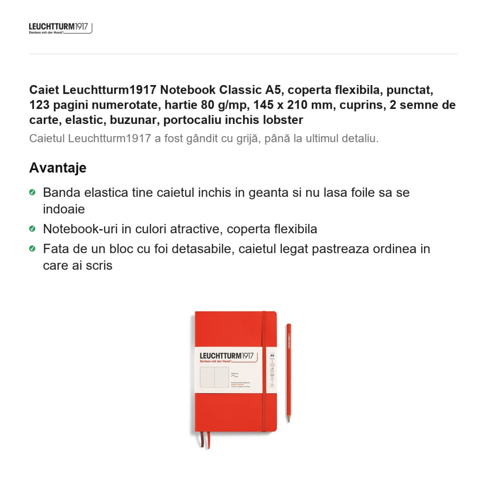 Caiet Leuchtturm1917 Notebook Classic A5, coperta flexibila, punctat, 123 pagini numerotate, hartie 80 g/mp, 145 x 210 mm, cuprins, 2 semne de carte, elastic, buzunar, portocaliu inchis lobster [2]