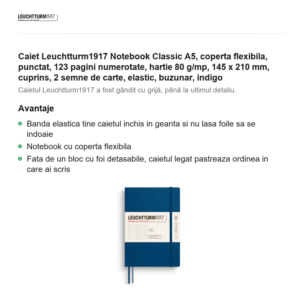 Caiet Leuchtturm1917 Notebook Classic A5, coperta flexibila, punctat, 123 pagini numerotate, hartie 80 g/mp, 145 x 210 mm, cuprins, 2 semne de carte, elastic, buzunar, indigo [2]
