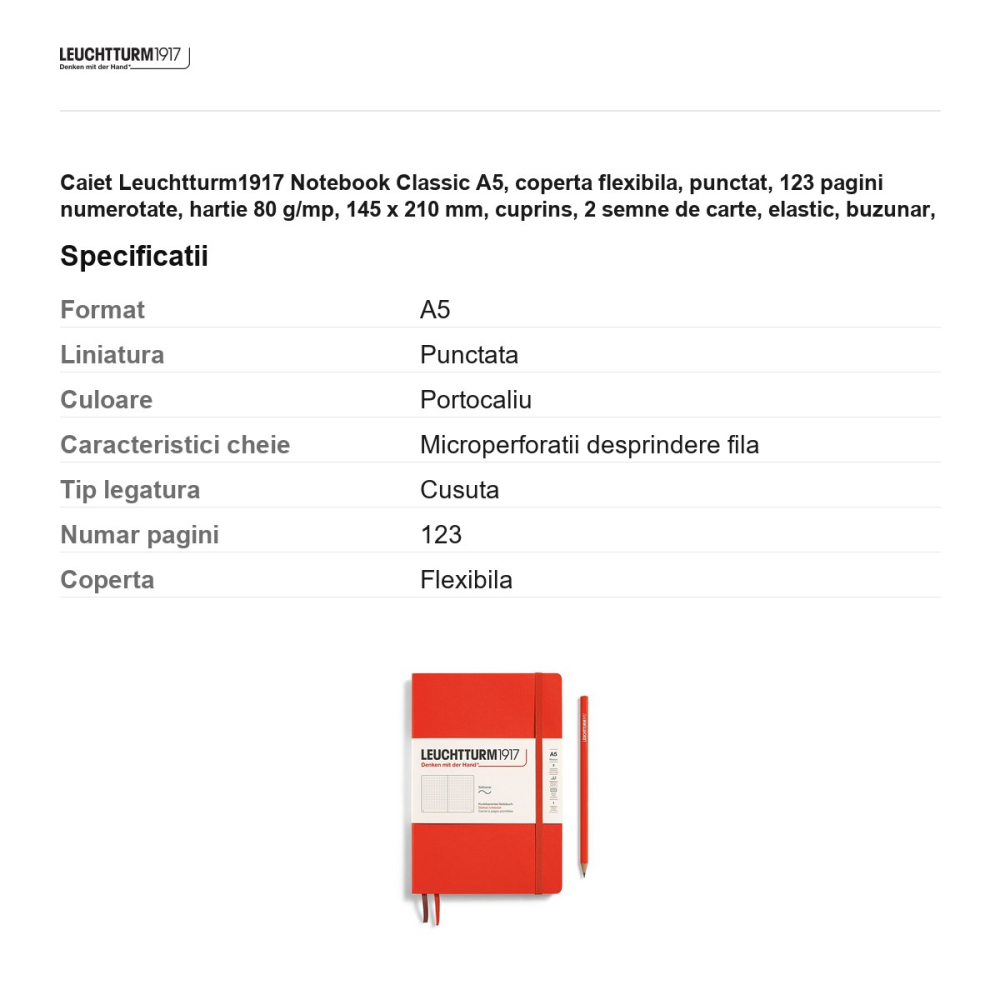 Caiet Leuchtturm1917 Notebook Classic A5, coperta flexibila, punctat, 123 pagini numerotate, hartie 80 g/mp, 145 x 210 mm, cuprins, 2 semne de carte, elastic, buzunar, portocaliu inchis lobster [3]