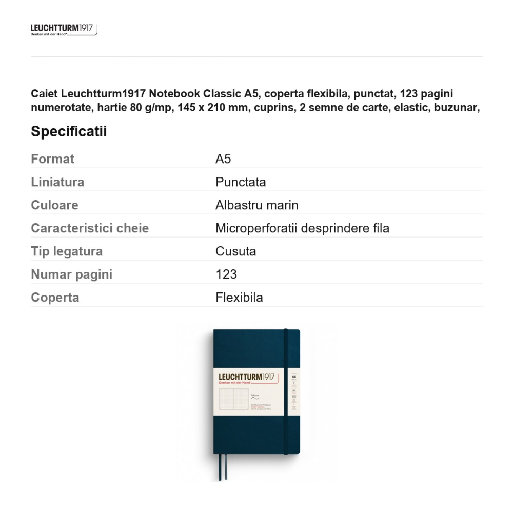 Caiet Leuchtturm1917 Notebook Classic A5, coperta flexibila, punctat, 123 pagini numerotate, hartie 80 g/mp, 145 x 210 mm, cuprins, 2 semne de carte, elastic, buzunar, albastru marin [3]