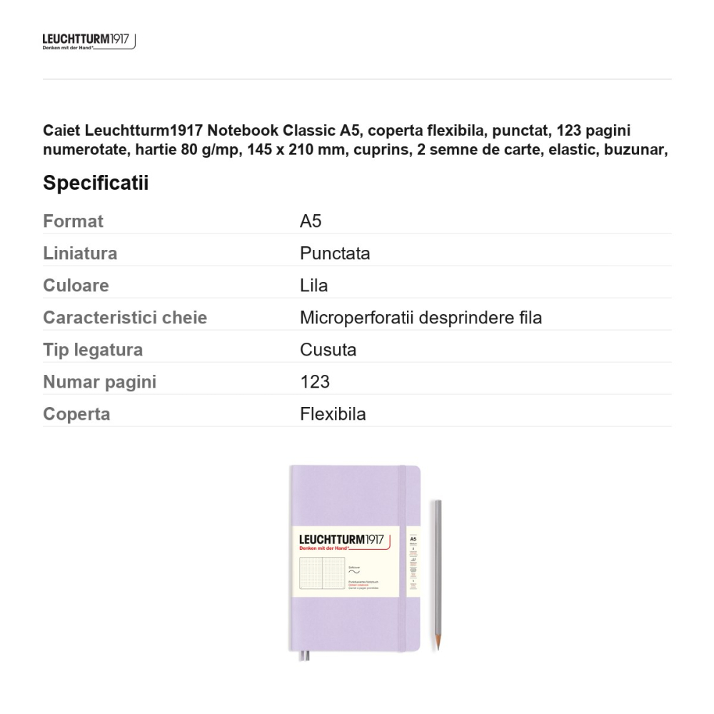 Caiet Leuchtturm1917 Notebook Classic A5, coperta flexibila, punctat, 123 pagini numerotate, hartie 80 g/mp, 145 x 210 mm, cuprins, 2 semne de carte, elastic, buzunar, lila [3]