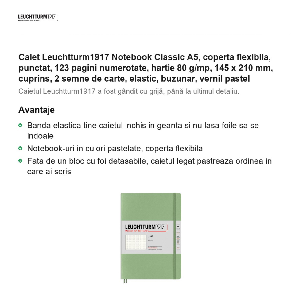 Caiet Leuchtturm1917 Notebook Classic A5, coperta flexibila, punctat, 123 pagini numerotate, hartie 80 g/mp, 145 x 210 mm, cuprins, 2 semne de carte, elastic, buzunar, vernil pastel [2]