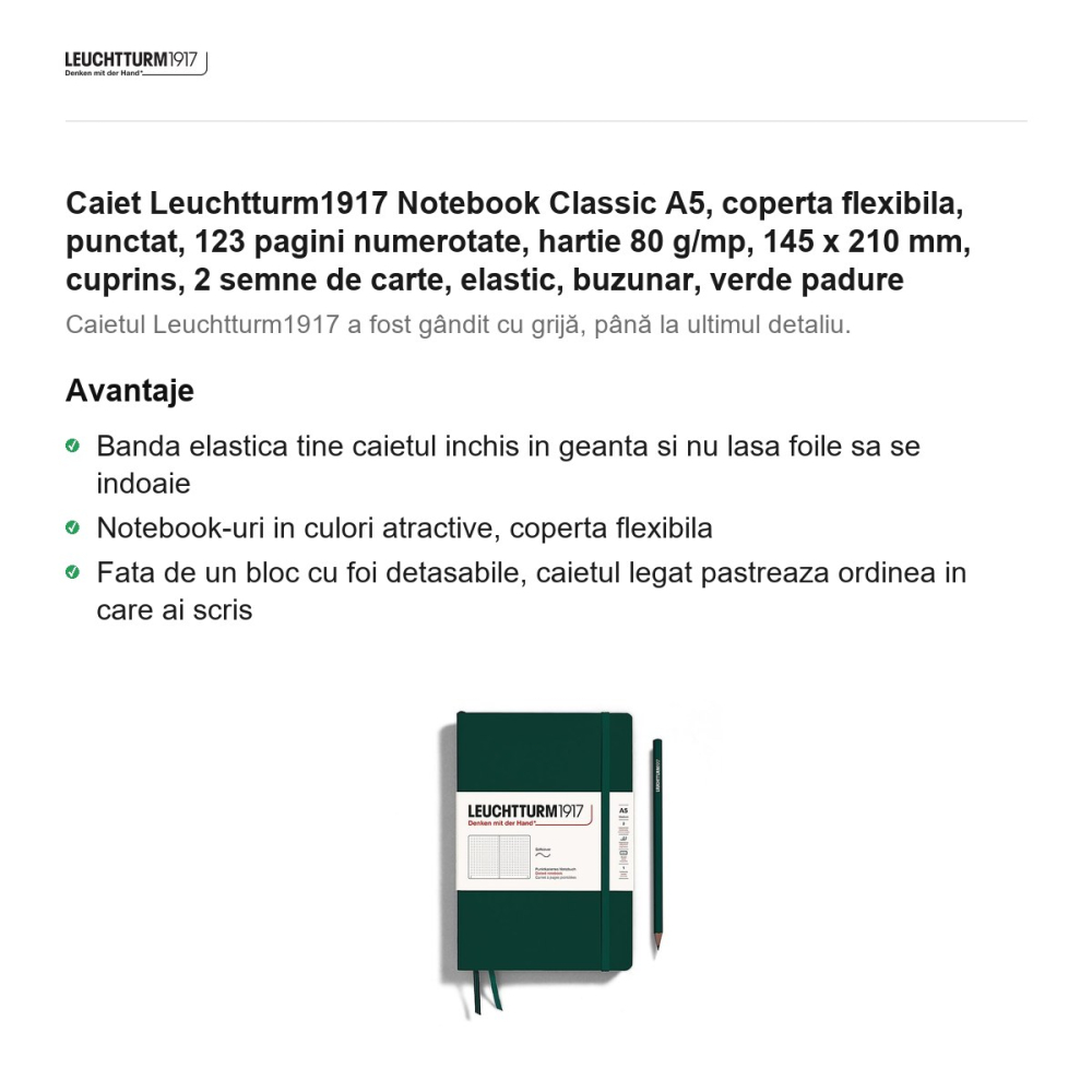 Caiet Leuchtturm1917 Notebook Classic A5, coperta flexibila, punctat, 123 pagini numerotate, hartie 80 g/mp, 145 x 210 mm, cuprins, 2 semne de carte, elastic, buzunar, verde padure [2]