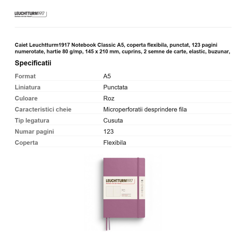 Caiet Leuchtturm1917 Notebook Classic A5, coperta flexibila, punctat, 123 pagini numerotate, hartie 80 g/mp, 145 x 210 mm, cuprins, 2 semne de carte, elastic, buzunar, dusty rose [3]