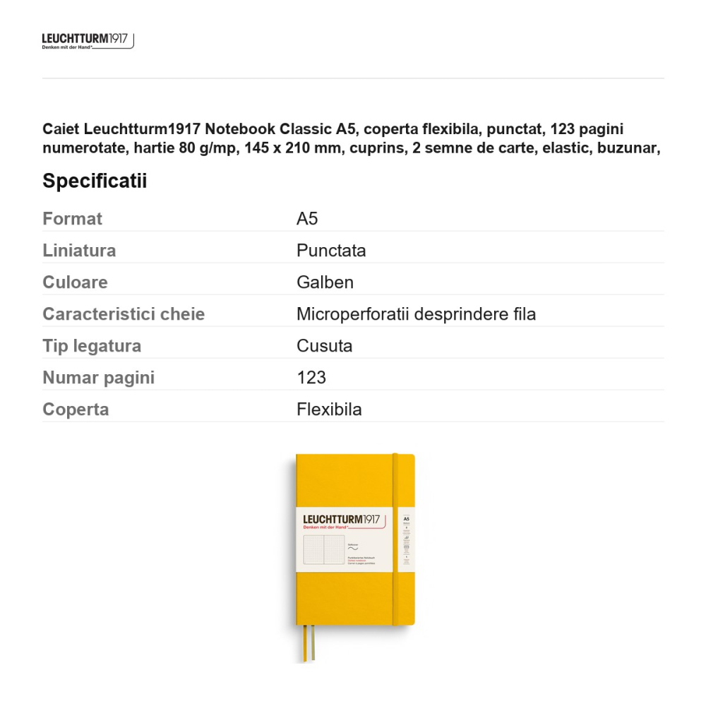 Caiet Leuchtturm1917 Notebook Classic A5, coperta flexibila, punctat, 123 pagini numerotate, hartie 80 g/mp, 145 x 210 mm, cuprins, 2 semne de carte, elastic, buzunar, galben floarea soarelui [3]