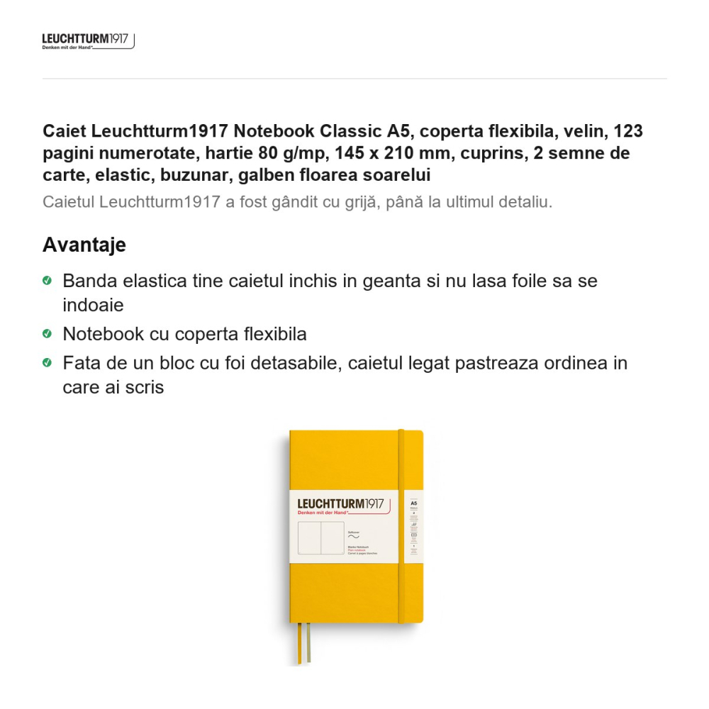 Caiet Leuchtturm1917 Notebook Classic A5, coperta flexibila, velin, 123 pagini numerotate, hartie 80 g/mp, 145 x 210 mm, cuprins, 2 semne de carte, elastic, buzunar, galben floarea soarelui [2]