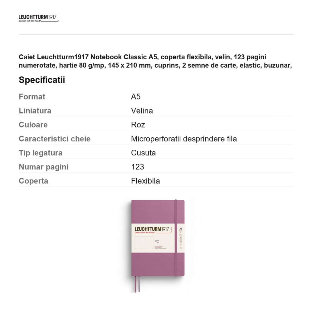Caiet Leuchtturm1917 Notebook Classic A5, coperta flexibila, velin, 123 pagini numerotate, hartie 80 g/mp, 145 x 210 mm, cuprins, 2 semne de carte, elastic, buzunar, dusty rose [3]