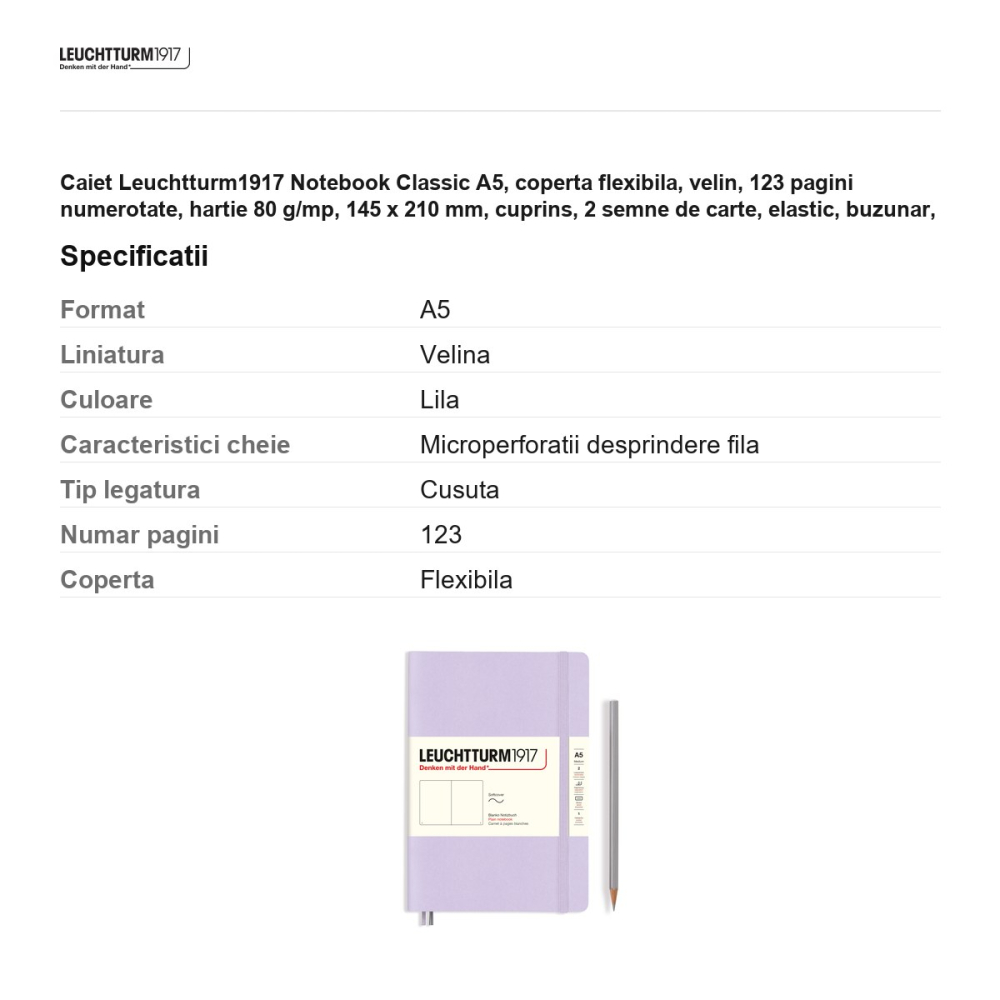 Caiet Leuchtturm1917 Notebook Classic A5, coperta flexibila, velin, 123 pagini numerotate, hartie 80 g/mp, 145 x 210 mm, cuprins, 2 semne de carte, elastic, buzunar, lila [3]