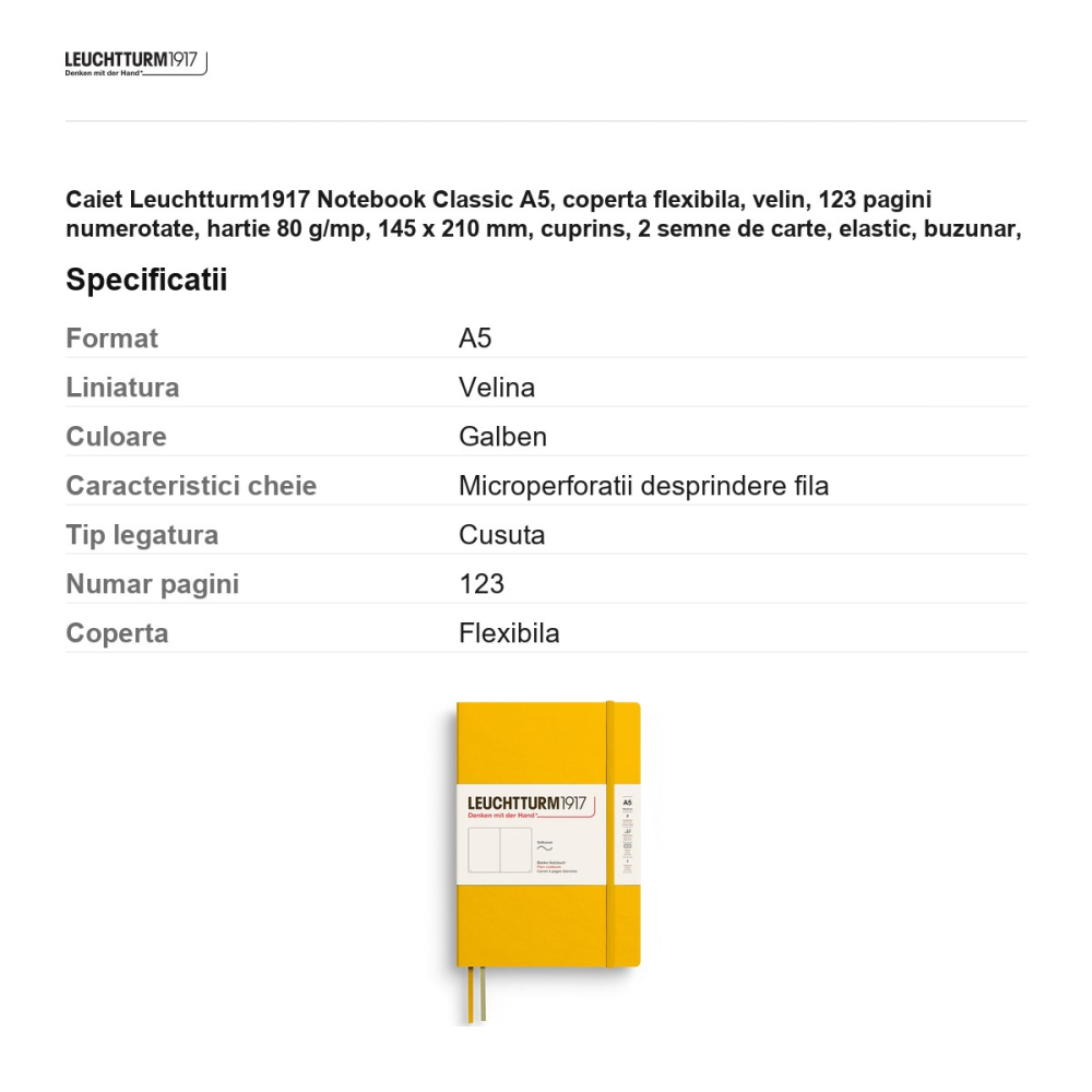 Caiet Leuchtturm1917 Notebook Classic A5, coperta flexibila, velin, 123 pagini numerotate, hartie 80 g/mp, 145 x 210 mm, cuprins, 2 semne de carte, elastic, buzunar, galben floarea soarelui [3]