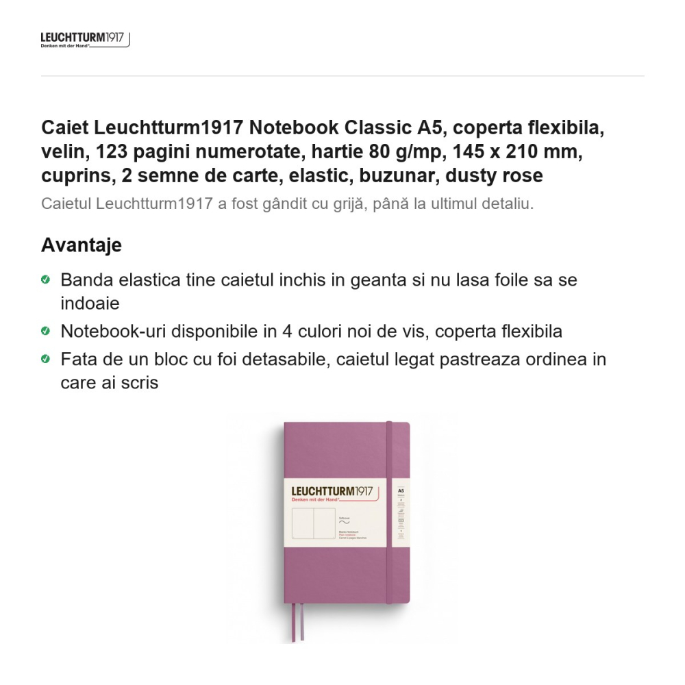 Caiet Leuchtturm1917 Notebook Classic A5, coperta flexibila, velin, 123 pagini numerotate, hartie 80 g/mp, 145 x 210 mm, cuprins, 2 semne de carte, elastic, buzunar, dusty rose [2]