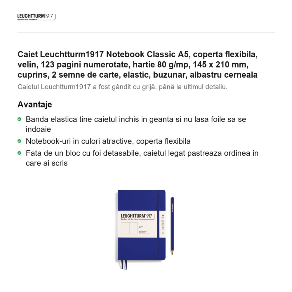 Caiet Leuchtturm1917 Notebook Classic A5, coperta flexibila, velin, 123 pagini numerotate, hartie 80 g/mp, 145 x 210 mm, cuprins, 2 semne de carte, elastic, buzunar, albastru cerneala [2]