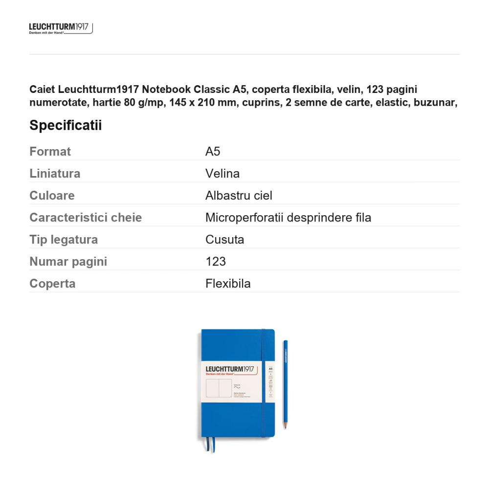 Caiet Leuchtturm1917 Notebook Classic A5, coperta flexibila, velin, 123 pagini numerotate, hartie 80 g/mp, 145 x 210 mm, cuprins, 2 semne de carte, elastic, buzunar, albastru ciel [3]