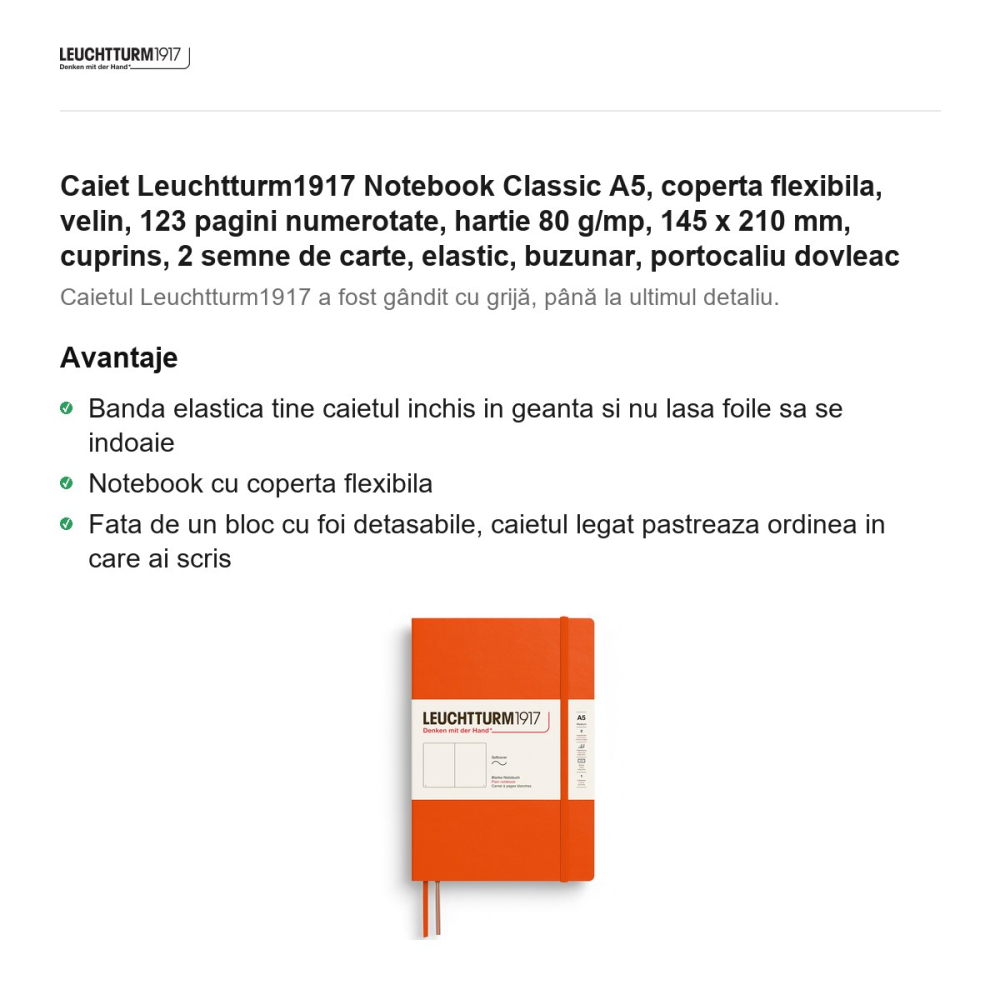 Caiet Leuchtturm1917 Notebook Classic A5, coperta flexibila, velin, 123 pagini numerotate, hartie 80 g/mp, 145 x 210 mm, cuprins, 2 semne de carte, elastic, buzunar, portocaliu dovleac [2]