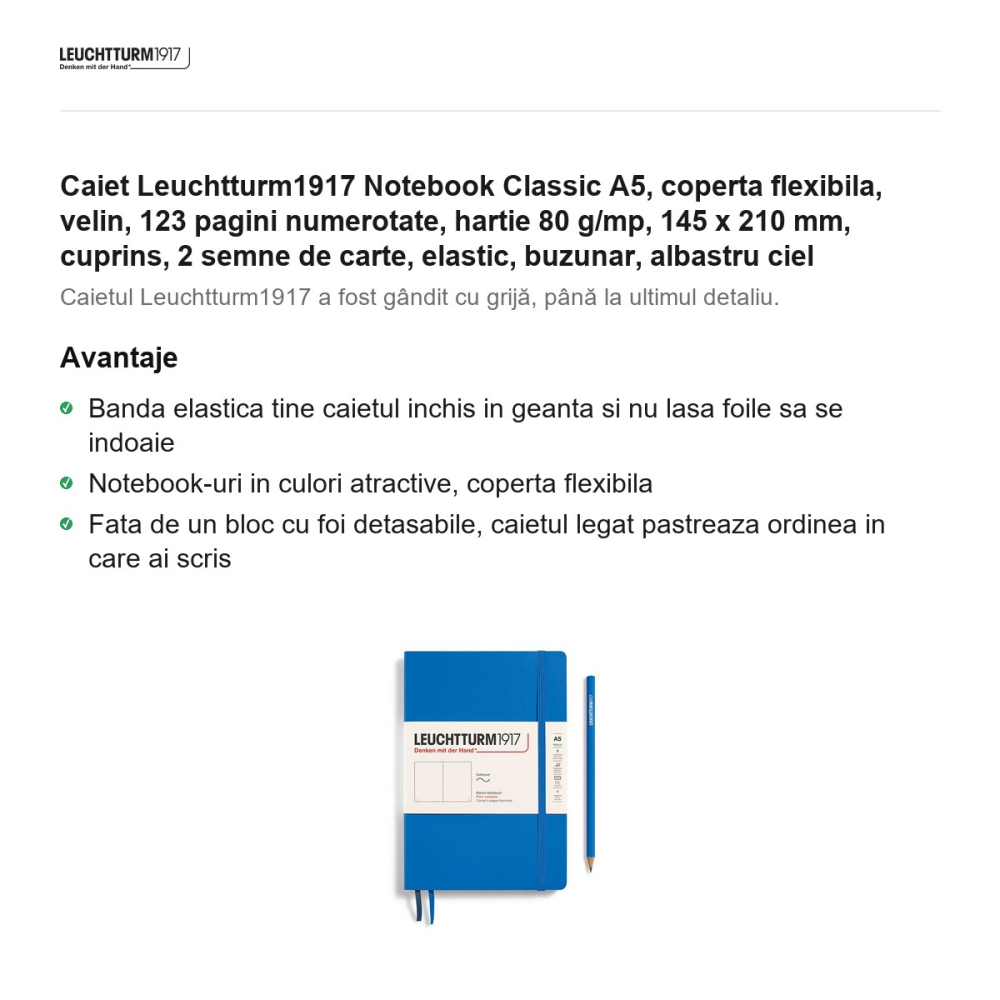 Caiet Leuchtturm1917 Notebook Classic A5, coperta flexibila, velin, 123 pagini numerotate, hartie 80 g/mp, 145 x 210 mm, cuprins, 2 semne de carte, elastic, buzunar, albastru ciel [2]