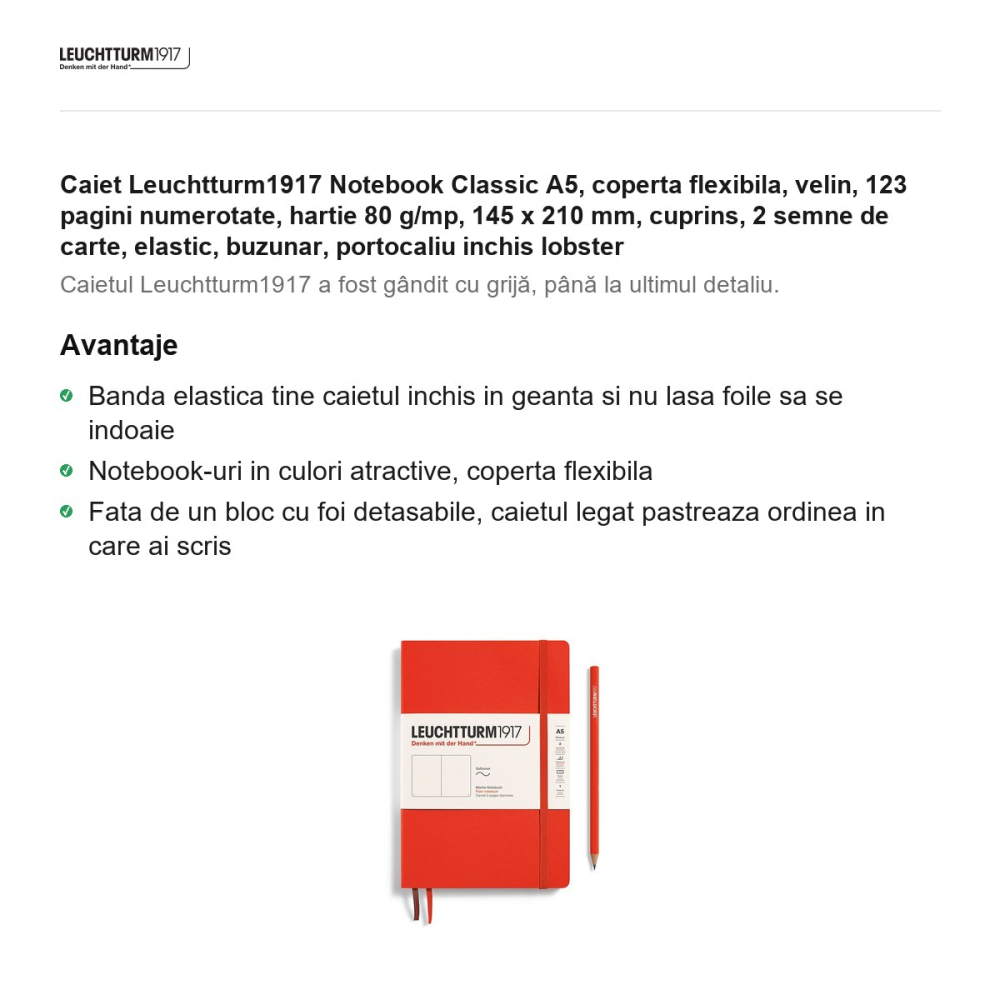 Caiet Leuchtturm1917 Notebook Classic A5, coperta flexibila, velin, 123 pagini numerotate, hartie 80 g/mp, 145 x 210 mm, cuprins, 2 semne de carte, elastic, buzunar, portocaliu inchis lobster [2]