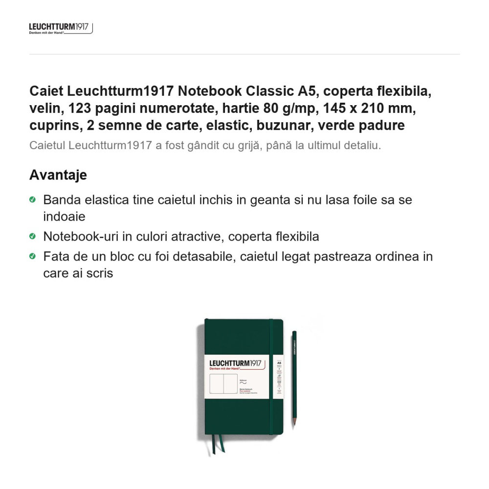 Caiet Leuchtturm1917 Notebook Classic A5, coperta flexibila, velin, 123 pagini numerotate, hartie 80 g/mp, 145 x 210 mm, cuprins, 2 semne de carte, elastic, buzunar, verde padure [2]