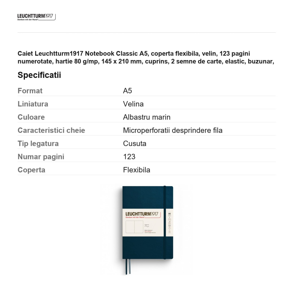 Caiet Leuchtturm1917 Notebook Classic A5, coperta flexibila, velin, 123 pagini numerotate, hartie 80 g/mp, 145 x 210 mm, cuprins, 2 semne de carte, elastic, buzunar, albastru marin [3]