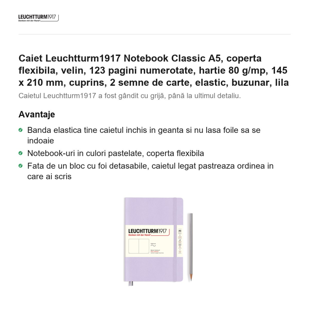 Caiet Leuchtturm1917 Notebook Classic A5, coperta flexibila, velin, 123 pagini numerotate, hartie 80 g/mp, 145 x 210 mm, cuprins, 2 semne de carte, elastic, buzunar, lila [2]