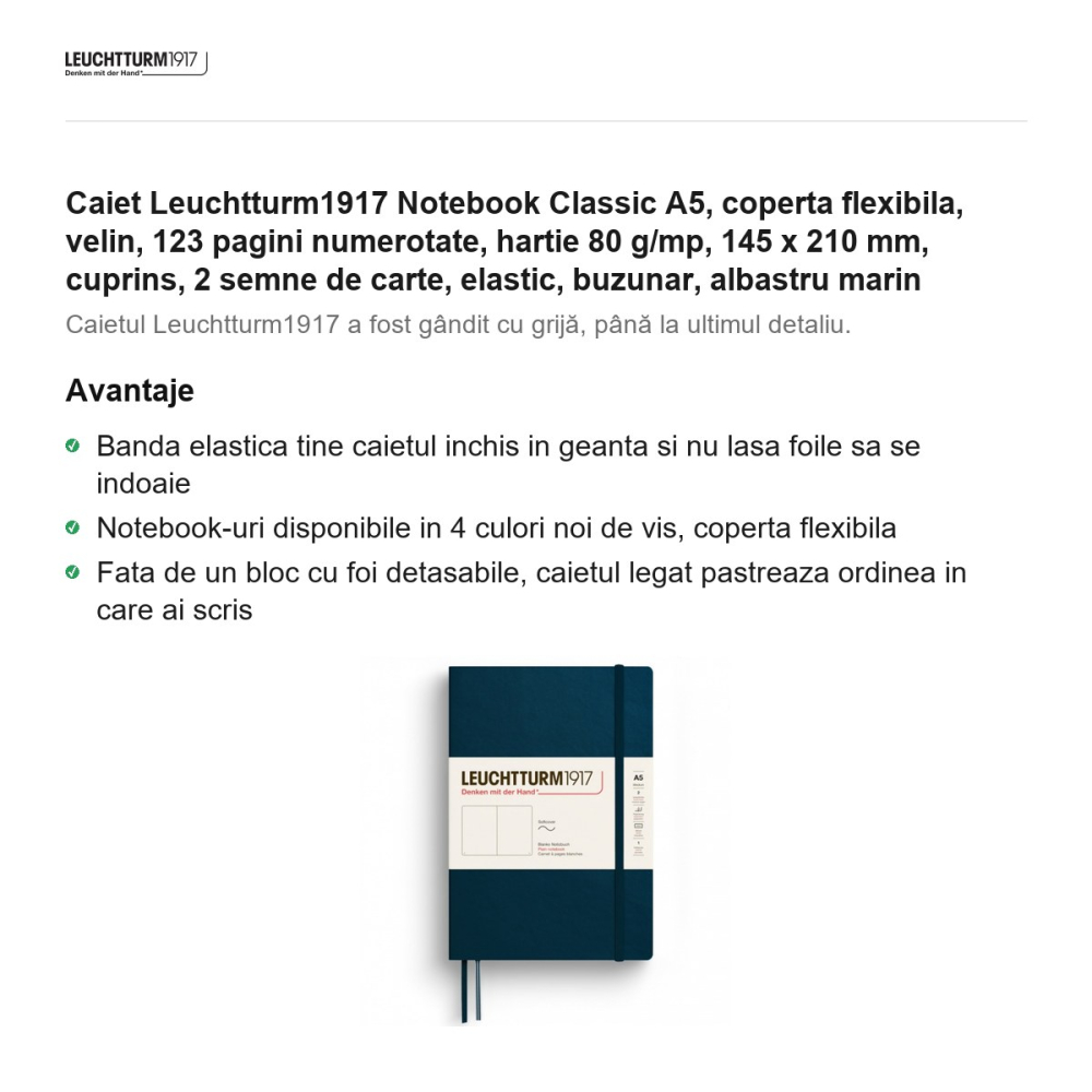 Caiet Leuchtturm1917 Notebook Classic A5, coperta flexibila, velin, 123 pagini numerotate, hartie 80 g/mp, 145 x 210 mm, cuprins, 2 semne de carte, elastic, buzunar, albastru marin [2]