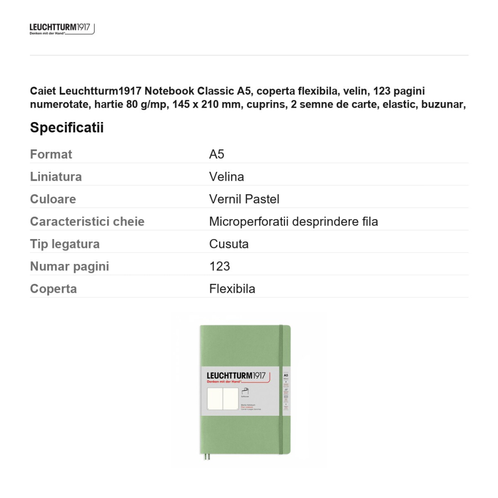 Caiet Leuchtturm1917 Notebook Classic A5, coperta flexibila, velin, 123 pagini numerotate, hartie 80 g/mp, 145 x 210 mm, cuprins, 2 semne de carte, elastic, buzunar, vernil pastel [3]