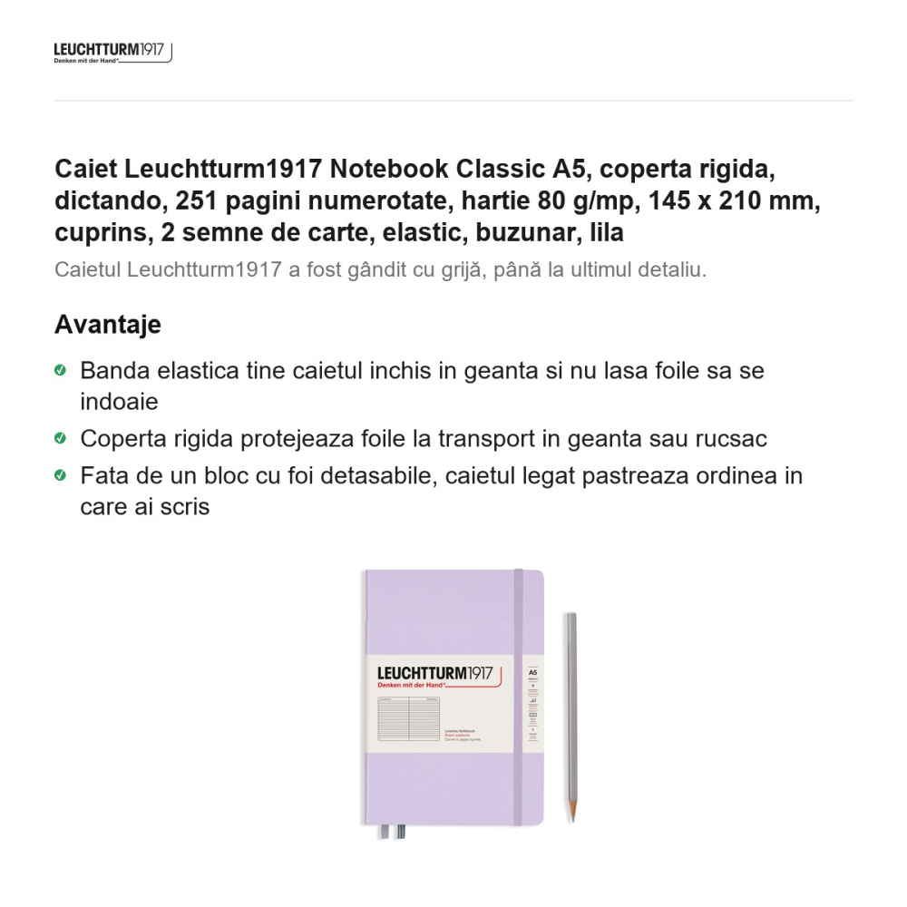 Caiet Leuchtturm1917 Notebook Classic A5, coperta rigida, dictando, 251 pagini numerotate, hartie 80 g/mp, 145 x 210 mm, cuprins, 2 semne de carte, elastic, buzunar, lila [2]