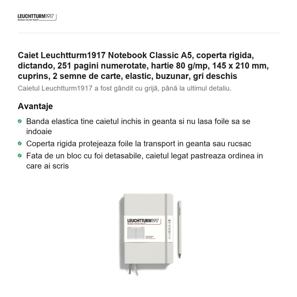 Caiet Leuchtturm1917 Notebook Classic A5, coperta rigida, dictando, 251 pagini numerotate, hartie 80 g/mp, 145 x 210 mm, cuprins, 2 semne de carte, elastic, buzunar, gri deschis [2]