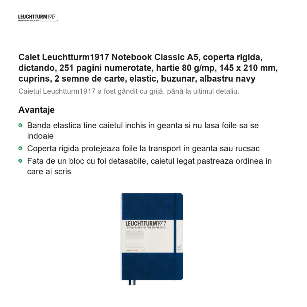Caiet Leuchtturm1917 Notebook Classic A5, coperta rigida, dictando, 251 pagini numerotate, hartie 80 g/mp, 145 x 210 mm, cuprins, 2 semne de carte, elastic, buzunar, albastru navy [2]