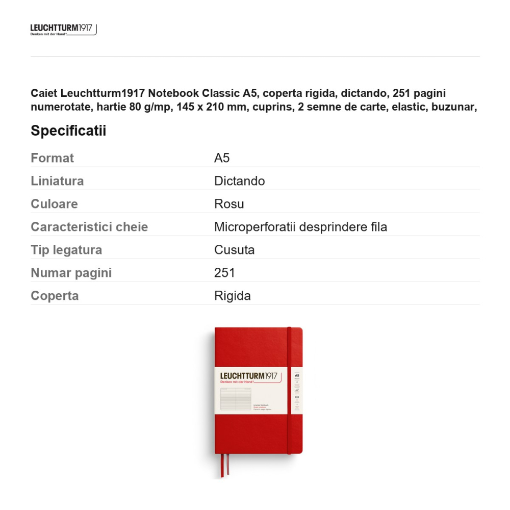Caiet Leuchtturm1917 Notebook Classic A5, coperta rigida, dictando, 251 pagini numerotate, hartie 80 g/mp, 145 x 210 mm, cuprins, 2 semne de carte, elastic, buzunar, rosu cherry [3]