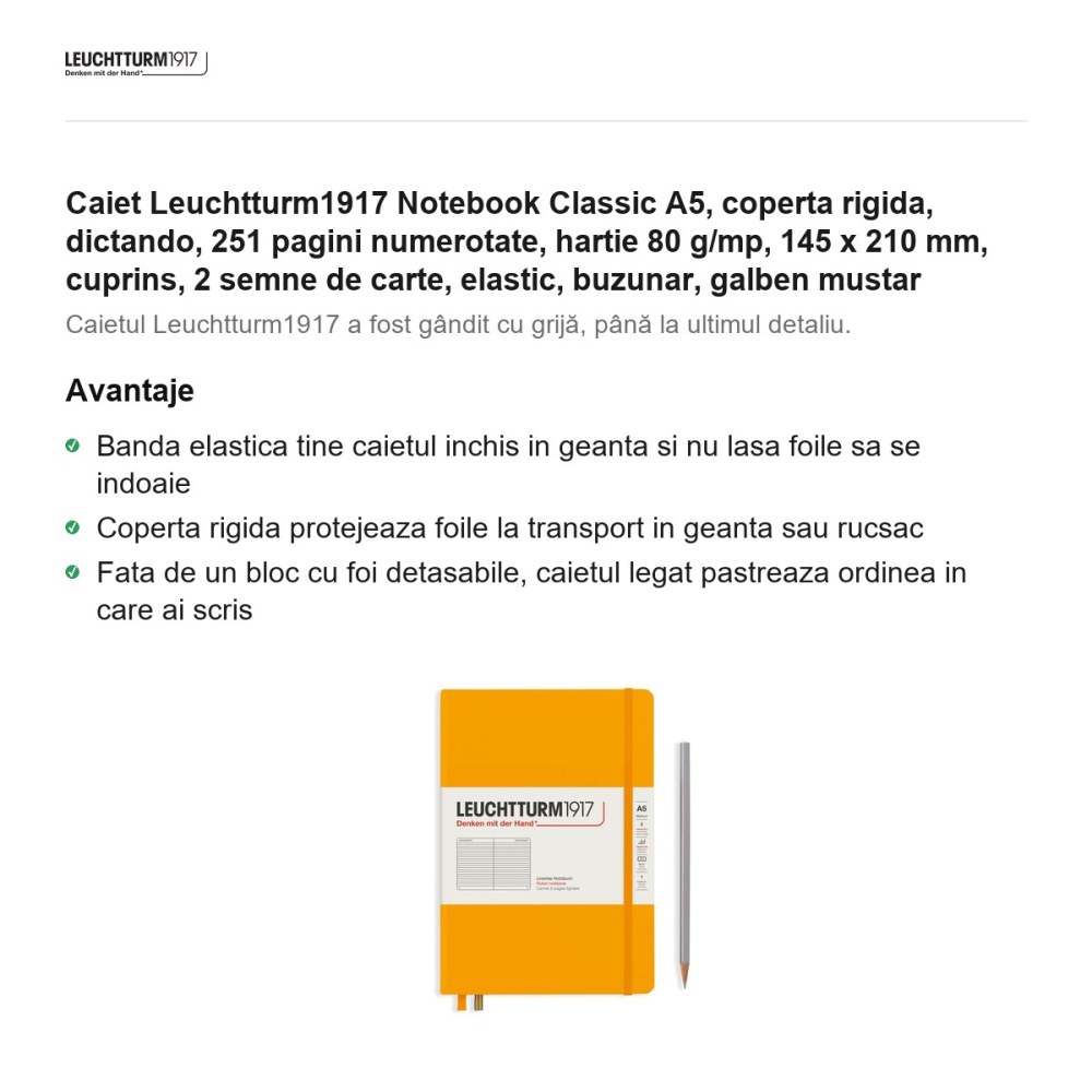 Caiet Leuchtturm1917 Notebook Classic A5, coperta rigida, dictando, 251 pagini numerotate, hartie 80 g/mp, 145 x 210 mm, cuprins, 2 semne de carte, elastic, buzunar, galben mustar [2]