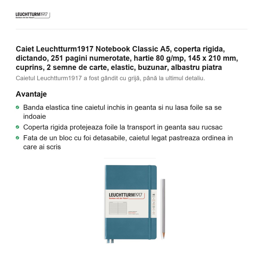 Caiet Leuchtturm1917 Notebook Classic A5, coperta rigida, dictando, 251 pagini numerotate, hartie 80 g/mp, 145 x 210 mm, cuprins, 2 semne de carte, elastic, buzunar, albastru piatra [2]
