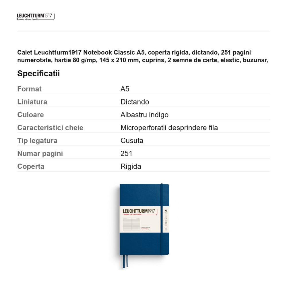Caiet Leuchtturm1917 Notebook Classic A5, coperta rigida, dictando, 251 pagini numerotate, hartie 80 g/mp, 145 x 210 mm, cuprins, 2 semne de carte, elastic, buzunar, indigo [3]